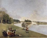 A View of the grounds of Hampton House with Mrs and Mrs Garrick taking tea johan